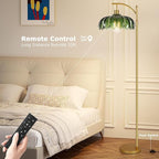 Glass Floor Lamp for Living Room,Bedroom,Gold Dimmable Standing Lamp with Remote,Mid Century Modern Brass Tall Lamp Boho Vintage Retro Floor Lamps Arc Green Flower Floor Light Lamp Bohemian