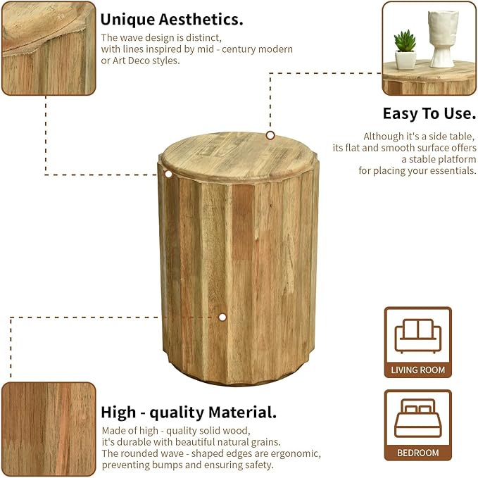 Fully Assembled Round Side Table with Gold Geometric Design & Wave Pattern, Solid Wood End Table Nightstand for Living Room, Bedroom, Office, 18 Inch (Wavy Natural Wood)