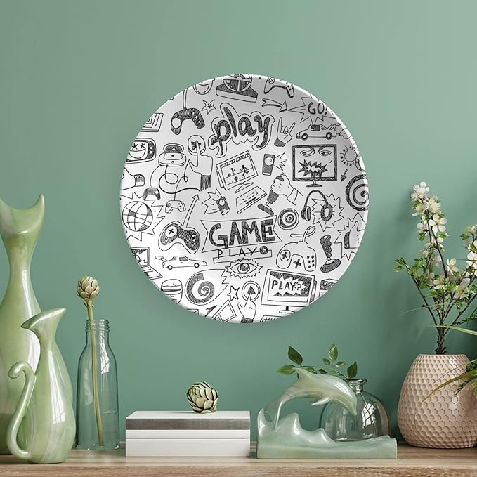 10 Inch Decorative Plate, Video Games Dinner Plate, Monochrome Sketch Style Gaming Design Print Ornament Display Plate for Fine Dining, Upscale Events, Dinner Parties, Weddings, Catering Christmas