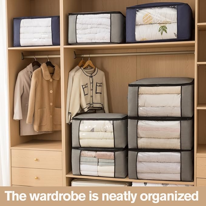 Large Storage Bags,Clothes Storage Bins Foldable Closet Organizers Storage Containers with Durable Handles Thick Fabric for Blanket Comforter Clothing Bedding (grey, 90L(3Pick))