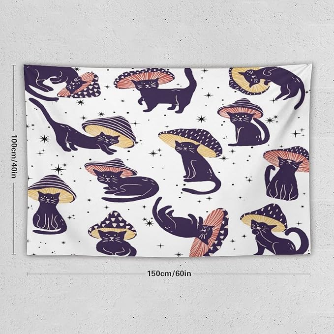 VUMIVI Funny Cat Mushroom Tapestry Retro 70s Hippie Style Cute Black Kitten Star Aesthetic Art Print Tapestry Wall Hanging for Living Room Bedroom Dorm Classroom Aesthetic Decor W60xL40in