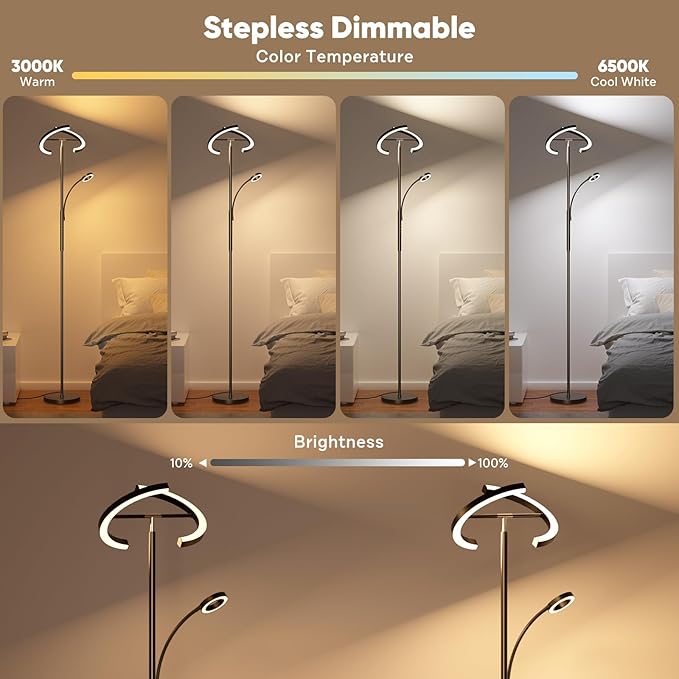 Upgraded 36W RGBCW Floor Lamp with Ring Reading Lamp, Rotatable Remote Control LED Standing Lamp Dimmable Floor Light Modern Standing Light for Living Room Bedroom Home Office, Black