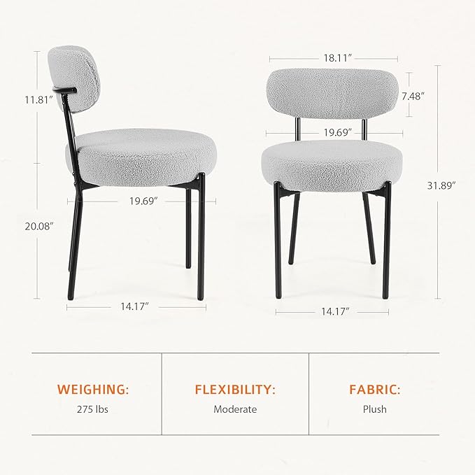 Dining Chairs Set of 2, Mid Century Modern Boucle Upholstered Kitchen Chair with Curved Backrest & Metal Legs for Home/Living Room/Bedroom/Office-Grey