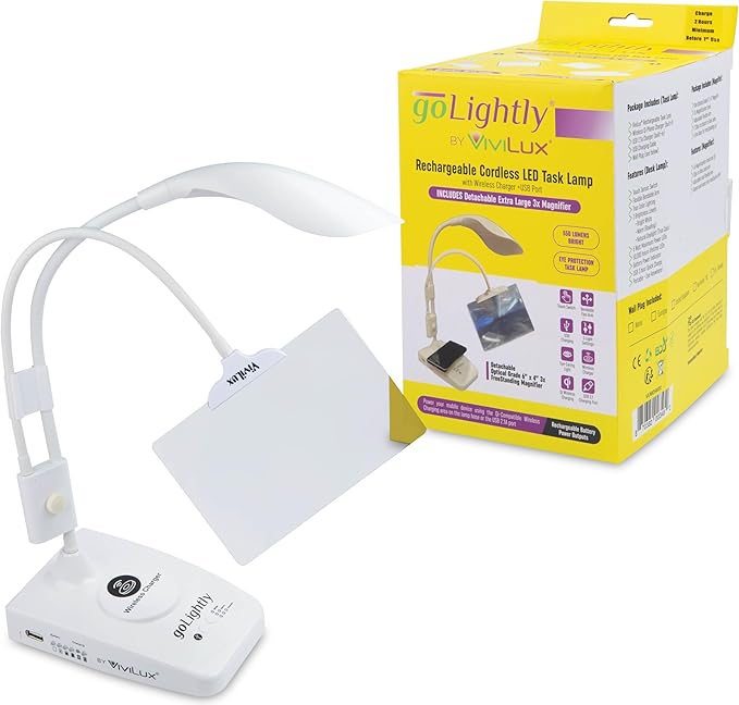 goLightly by ViviLux LED Craft Lamp with 3X Magnifier & Wireless Charger, Rechargeable Battery, Hands-Free Task Lighting for Crafts, Sewing & Reading