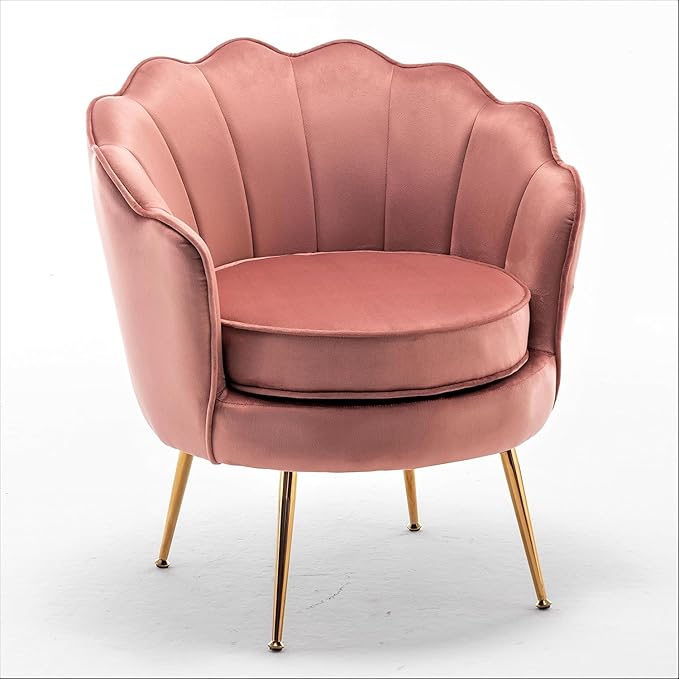 Velvet Barrel Accent Chair with Scalloped Silhouette and Gold Metal Legs, Decorative Piece Suitable for Traditional, Modern, and Contemporary Spaces, Rose