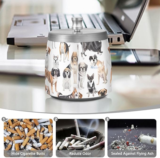 Dog Breeds Ashtray with Lid, Outdoor Ashtrays for Patio, Stainless Steel Ashtray Odorless Smokeless for Home Office Balcony