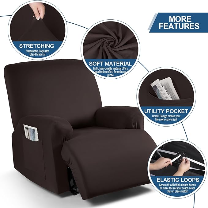 TAOCOCO Oversized Recliner Chair Covers 4-Pieces, Stretch Recliner Cover for Large Recliner Washable Reclining Chair Cover Polyester Soft Fabric Furniture Protector (Oversized Recliner, Coffee)