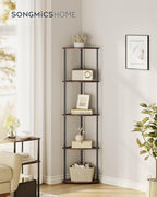 SONGMICS HOME Superfast Toolless Assembly, Corner Shelf Stand, 5-Tier Corner Standing Shelf, Living Room, Bedroom, Kitchen, 15 x 10.6 x 54.7 Inches, Somber Walnut ULBC610K02