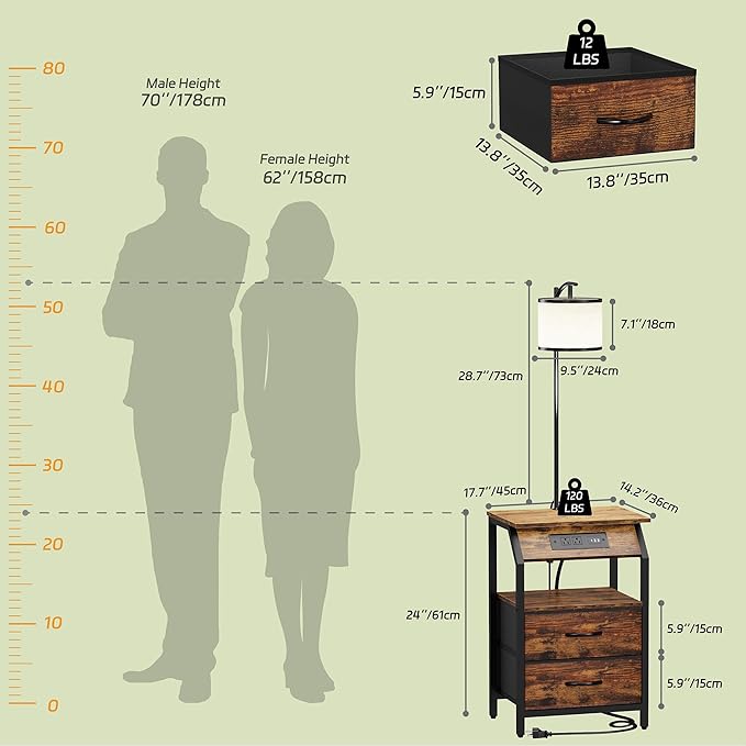 End Table with Floor Lamp, Nightstand with Charging Station, Floor Lamp Table with 3-Color Temperature Bulb, Bedside Table Night Stand with 2 Drawers for Bedroom, Living Room, Brown