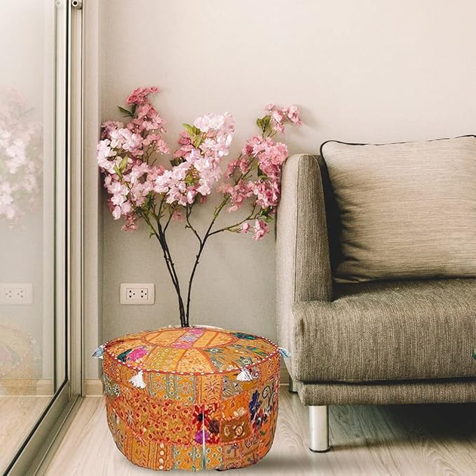 Aakriti Gallery Indian Pouf Footstool Ethnic Embroidered Pouf Cover, Indian Cotton Round Pouffe Ottoman Pouf Cover Pillow Ethnic Decor Art - Cover Only (Orange, 22x14)