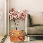 Aakriti Gallery Indian Pouf Footstool Ethnic Embroidered Pouf Cover, Indian Cotton Round Pouffe Ottoman Pouf Cover Pillow Ethnic Decor Art - Cover Only (Orange, 22x14)