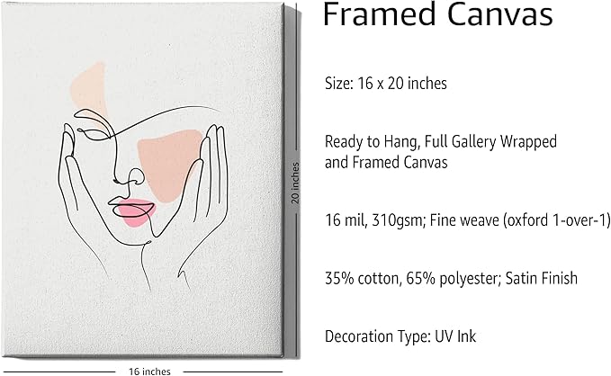 Aesthetic Face Wrapped Canvas Wall Art Hands on Cheeks Continuous Line Drawing Abstract Pink 8x10 Inch Gallery Stretched Modern Home Art Decor