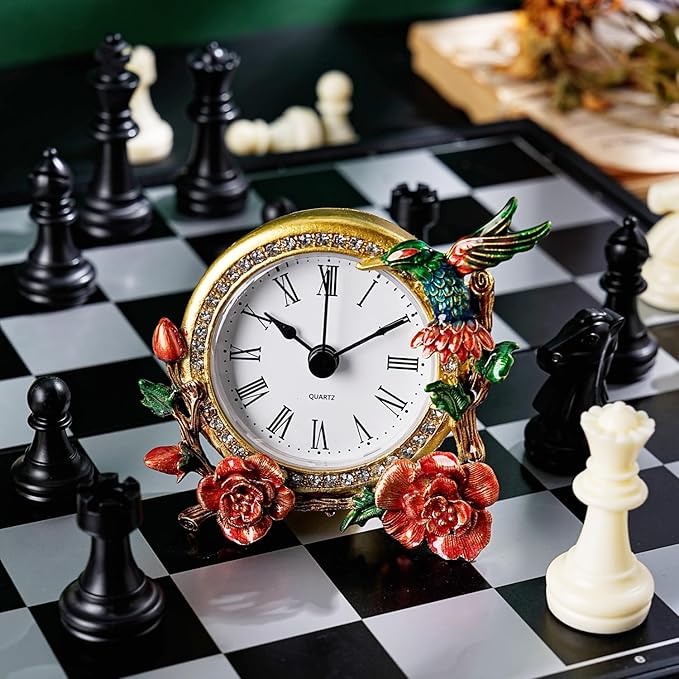 Mini Tabletop Clock, Decorative Vintage Floral Metal Table Clock with Battery Operated for Bedside, Table, Living Room, Home and Office