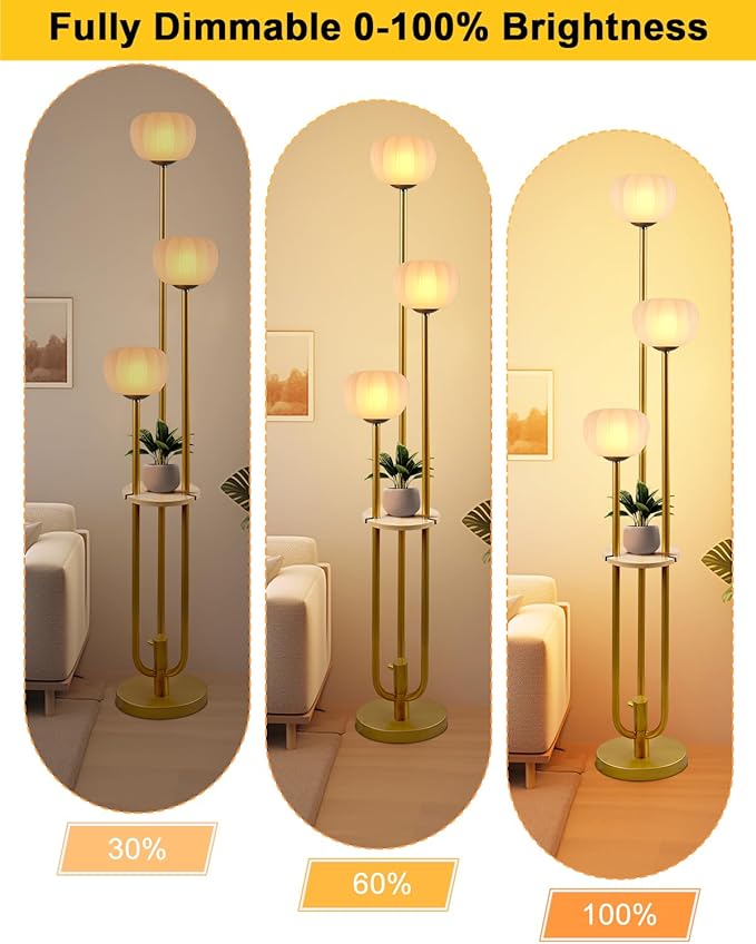 Lightdot Gold Floor Lamp with Table, Modern Dimmable Floor Lamps with Pumpkin Lampshade, 3000K Warm White Bulbs Included, 3-Light Tall Standing Lamp for Living Room/Bedroom/Sofa Beside/Corner Decor