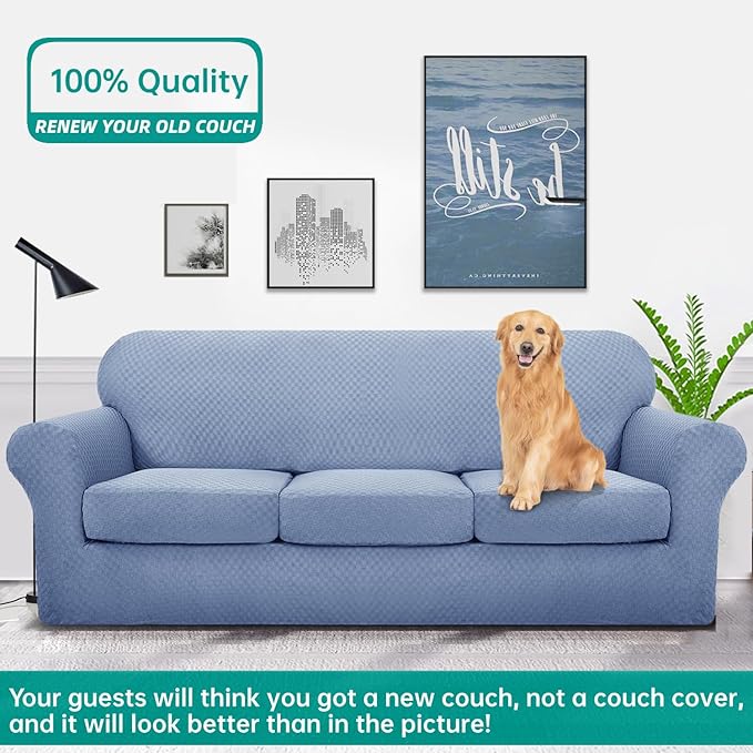 YEMYHOM Latest Checkered 4 Pieces Couch Covers for 3 Cushion Couch High Stretch Thickened Sofa Cover for Dogs Pets Elastic Slipcovers Living Room Furniture Protector (Light Blue), 71"-91"(3 Cushions)
