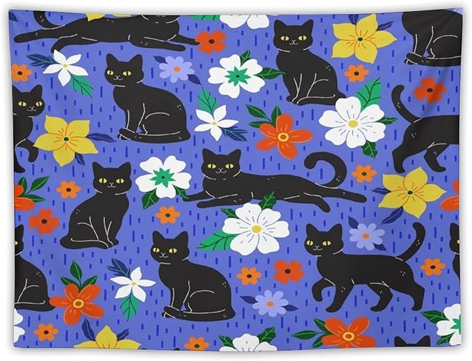 VUMIVI Black Cat Floral Tapestry Red White Hand-Painted Flowers Cute Animals Kids' Doodles Tapestry Wall Hanging for Living Room Bedroom Dorm Classroom Aesthetic Decor W40xL30in