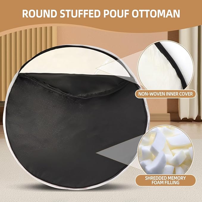 Round Stuffed Pouf Ottoman Foot Rest for Couch Round Ottoman with Foam Chunk Filling Stripe Faux Fur Ottomans for Living Room Floor (26"x18",Light Grey)