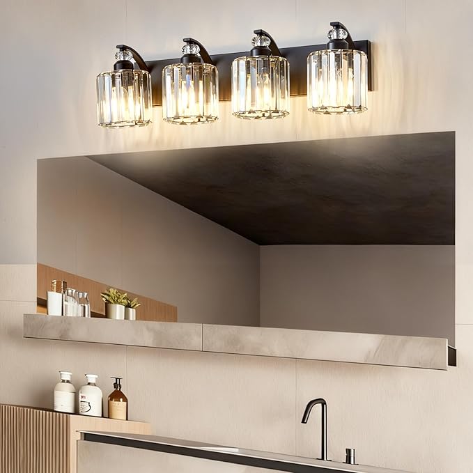 4-Light Black Bathroom Light Fixture Modern Vanity Lights Over Mirror Vintage Wall Sconce Lighting for Bathroom, Bedroom, Living Room, Hallway E26 Base with Crystal Bathroom Vanity Light