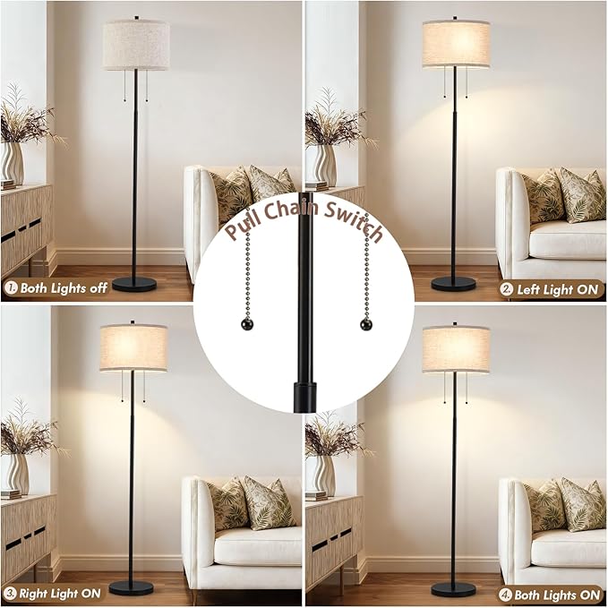 Luvkczc Floor Lamp, 60" Standing Lamp Tall Lamp with Fabric Lampshade&Pull Chain Corner Floor Lamps for Living Room, Bedroom,Office Corner (Black 2 Bulb Socket)