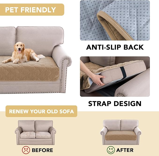 H.VERSAILTEX Couch Cover Chenille Pet Fuzzy Sofa Covers for 2 Cushion Couch Anti Slip Washable Sofa Slipcovers with Strap Soft Couch Protector Cover for Dogs Cats Kids(36" x 63",Khaki)