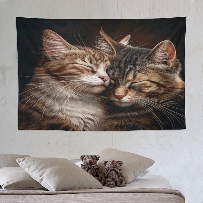 VUMIVI Cat Tapestry Adorable Animals Two Kittens Snuggling Together Vintage Print Realistic Design Tapestry Wall Hanging for Living Room Bedroom Dorm Classroom Aesthetic Decor W90xL60in