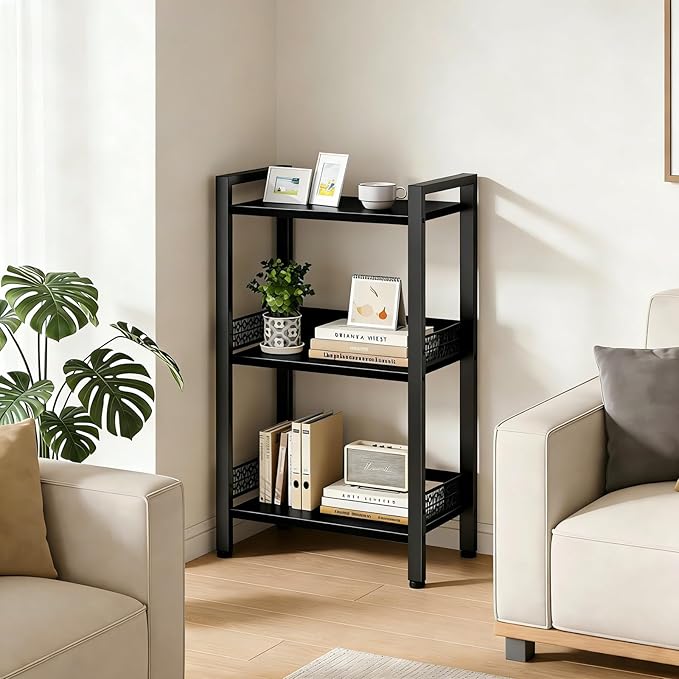 3-Tier Book Shelf, Bookcase with a Back Panel, Storage Shelves for Bedroom, Living Room & Home Storage (Black)