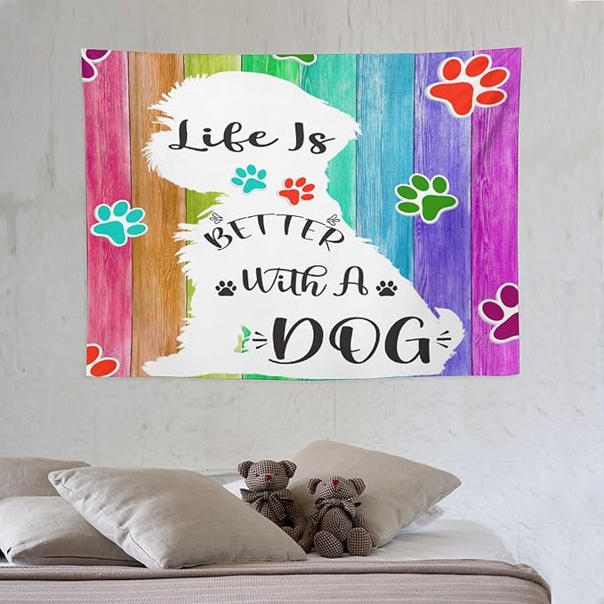 VUMIVI Cute Dog Tapestry Rainbow Color Planks Rustic Farmhouse Home Decor Pet Paws Tapestry Wall Hanging for Living Room Bedroom Dorm Classroom Aesthetic Decor W40xL30in