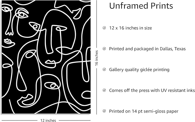 Y2K BOO Abstract Face Pattern UNFRAMED Wall Art Black Background White Continuous Line Drawing 12x16 Inch Heavyweight Paper Studio Home Decor Print