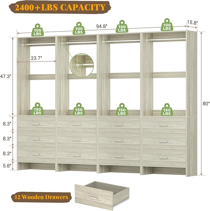 Aheaplus Closet System Closet Organizer, Wood Closet Organizer System, Walk-in Closet or Small Closets Wardrobe, Clothes Rack with Hanging Rods, 8FT Closets, Set of 4, -D1, White Oak
