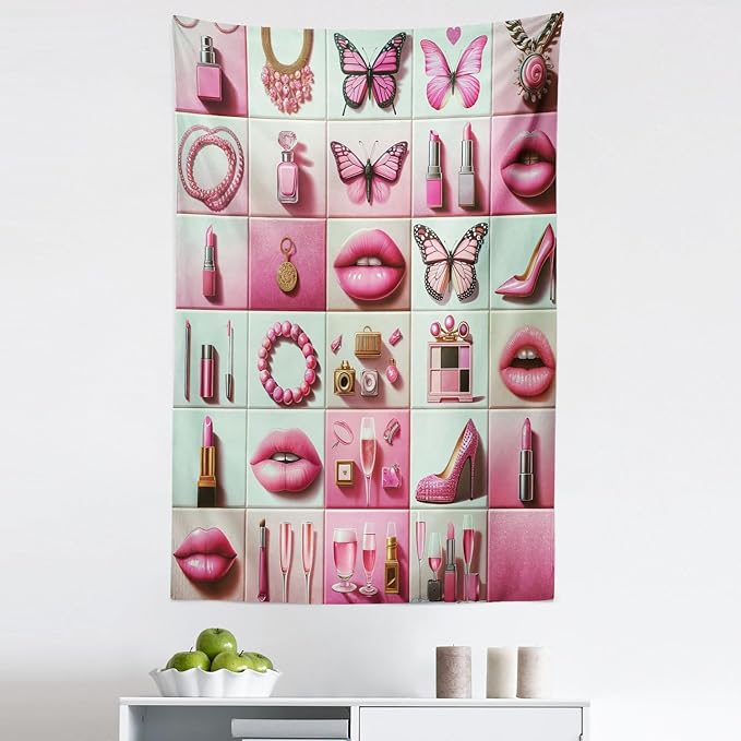 Ambesonne Pink Tapestry, Squares of Feminine Fashion Lipstick Butterfly Makeup Glam Kisses Concepts, Fabric Wall Hanging Decor for Bedroom Living Room Dorm, 30" X 45", Pale Mint Green