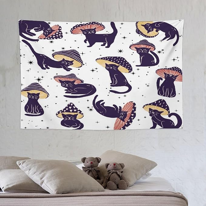 VUMIVI Funny Cat Mushroom Tapestry Retro 70s Hippie Style Cute Black Kitten Star Aesthetic Art Print Tapestry Wall Hanging for Living Room Bedroom Dorm Classroom Aesthetic Decor W60xL40in