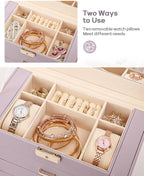 Homde Valentine's Day Gifts Synthetic Leather Huge Jewelry Box Mirrored Watch Organizer Necklace Ring Earring Storage Lockable Gift Case (Grey Purple + Gold)