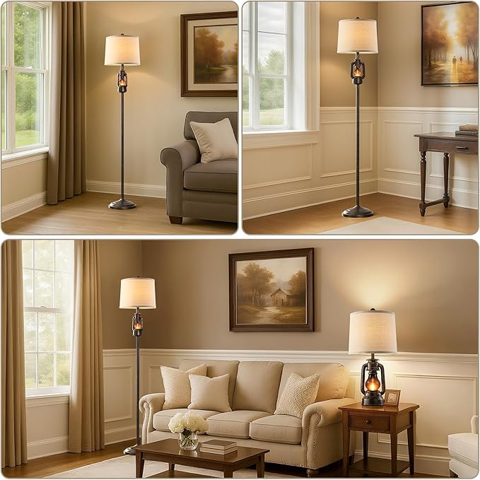 63'' Farmhouse Lantern Floor Lamp for Living Room with 2 Light Sources, Rustic Vintage Resin Tall Standing Lamp with Glass Night Light for Bedroom Office Study Room, Bulb Included (Bronze)