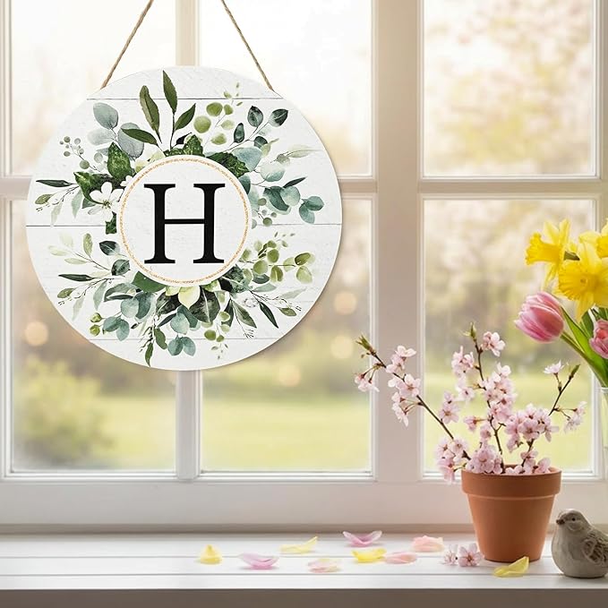 Smile Monogram Letter H Wreaths Wooden Welcome Sign, Family Last Name Initial Front Door Wall Decoration, Floral Spring Summer Porch Rustic Home Kitchen Decor