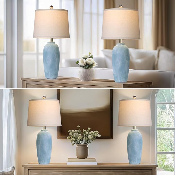 25“ Jar Table Lamps Set of 2, Ceramic Bedside Lamps for Bedroom, Blue Coastal Nightstand Lamps for Living Room