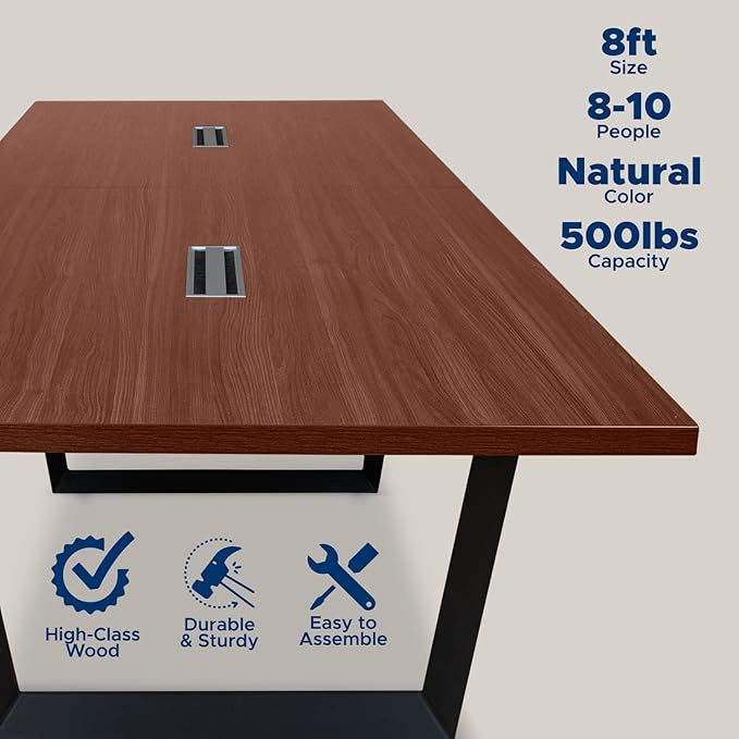 Sturdy Conference Table with Cable Management Grommets Modern Rectangle Office Meeting Table with Wood Tabletop and Metal Frame & Legs- Easy Assembly Boardroom Table (Mahogany, 8 Foot)