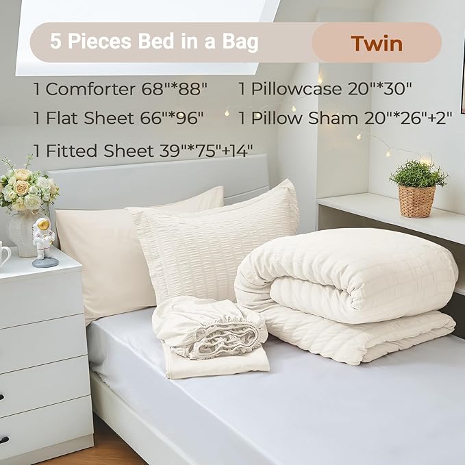 MUXHOMO 5 Pieces Twin Comforter Set, Seersucker Bed in a Bag Twin Size, All Season Luxury Bedding Set with Comforter, Flat Sheet, Fitted Sheet, Pillowcase & Sham, Ivory