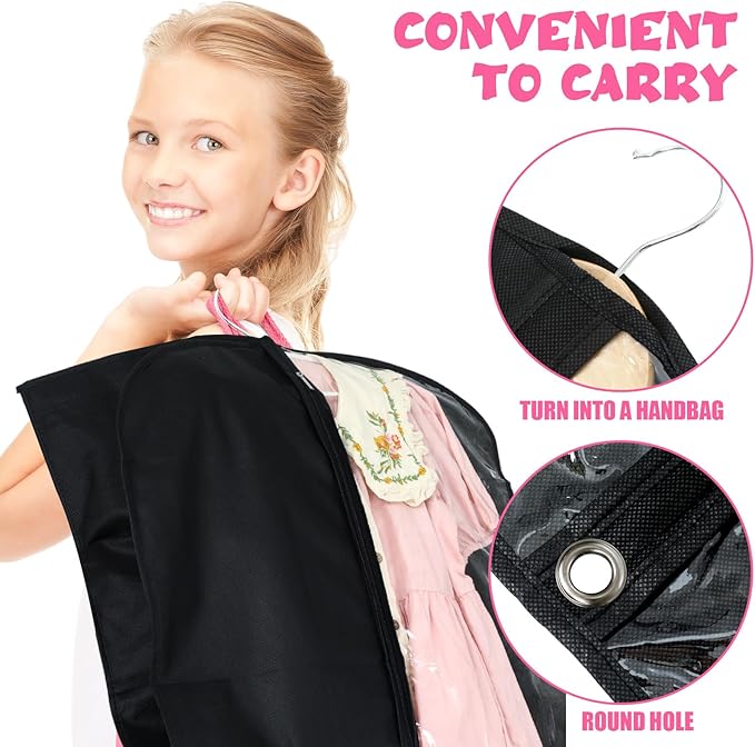14 Pcs Garment Bags for Dance Costumes Clear PVC with Zippers 24 x 50 Inch Suits Bag with Pockets Dance Costume Organizer Carrier for Storage Cover for Adult(Black,Classic)