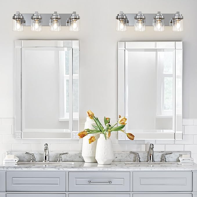 Chrome Bathroom Vanity Light, 4 Light Modern Vanity Lights with Clear Glass Shade, Farmhouse Bathroom Vanity Lighting Fixtures Over Mirror for Living Room,E26