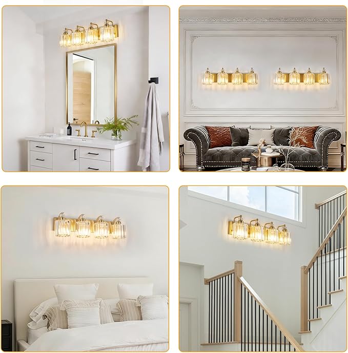 4-Light Modern Vanity Lights Brushed Brass Bathroom Light Fixtures Over Mirror Gold Bathroom Vanity Lighting with Crystal Shade E26 Base Wall Sconce for Bedroom Living Room Restroom Wall Lamp