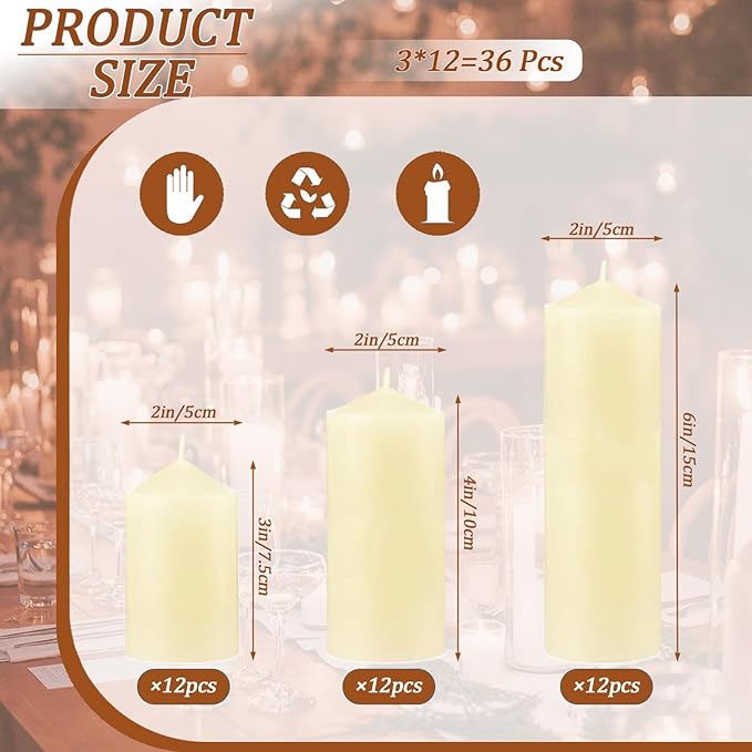 36 Pcs Ivory Pillar Candles Bulk Set，3 Different Lengths 2 x 3/4/6 Inch (12 Each)，Hurricane Candles，Dripless Unscented Smokeless，Gives You a Better Atmosphere When Organizing an Event Party.