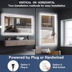 28“ x 40” LED Bathroom Mirror Fogless LED Mirror for Bathroom Dimmable 3 Colors Lights Smart Vanity Mirror Touch Sensor Home Decor Wall Mounted Horizontal/Vertical