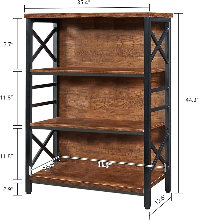 HOMBAZAAR 4-Tier Small Bookshelf, 35.4 Inch Short Book Shelf with Sturdy Metal Frame & Wood Shelves, Rustic Brown Industrial Bookcase for Living Room, Bedroom, Office