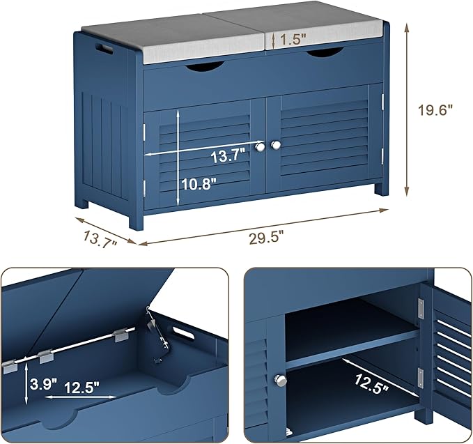 ChooChoo Shoe Storage Bench with Lift Top Storage, Entryway Bench with 2 Cushioned Seats, 3 Compartments, Adjustable Shelf, Shoe Cabinet for Entryway, Bedroom, Living Room, Blue