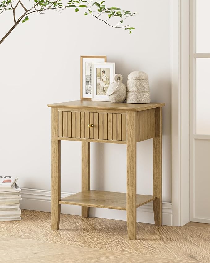 Fluted Nightstand, Farmhouse Night Stand with 1 Drawers, Mid Century Modern Side Accent Table,Bedside End Table for Bedroom, Living Room, Yellow Oak
