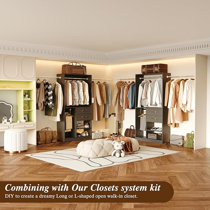 Flrrtenv Closet System, 6.8-9.8Ft Closet Organizer with 2 Wooden Drawers and Pull-out Pants Organizer Rod, Walk-in Wood Closet Organizer Wardrobe Clothes Rack with 3 Hanging Rods, Garment Rack, Black