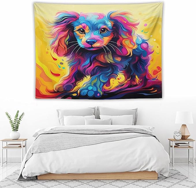 VUMIVI Colorful Cute Dog Tapestry Rainbow-Hued Oil Painting Pet-Themed Abstract Art Print Tapestry Wall Hanging for Living Room Bedroom Dorm Classroom Aesthetic Decor W80xL60in