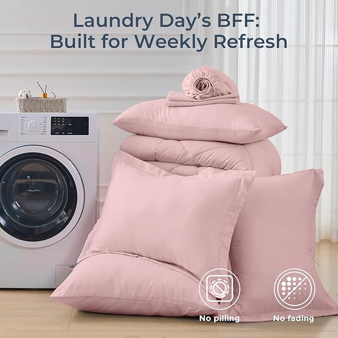 HEVUMYI Dusty Pink Queen Comforter Set - 7-Piece All Season Bed in a Bag Queen, Ultra Soft Bedding Set with Comforter, Flat Sheet, Fitted Sheet, Pillowcases, Pillow Shams