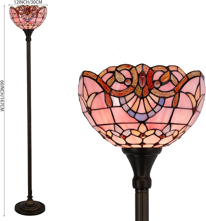 WERFACTORY Tiffany Floor Lamp Pink Baroque Stained Glass Light 12X12X71 Inches Pole Torchiere Standing Corner Torch Uplight Decor Bedroom Living Room Home Office S003P Series