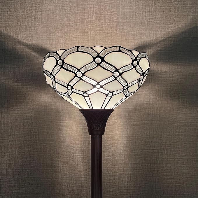 Tiffany Torchiere Floor Lamp,Handcrafted Stained Glass Lamp Shade,Antique Style Standing Corner Light for Living Room and Bedroom